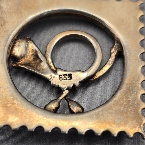 Antique 835 Silver Repousse Horn Brooch 2" Dangling Chain Rose Cut Gemstones - Picture 5 of 10